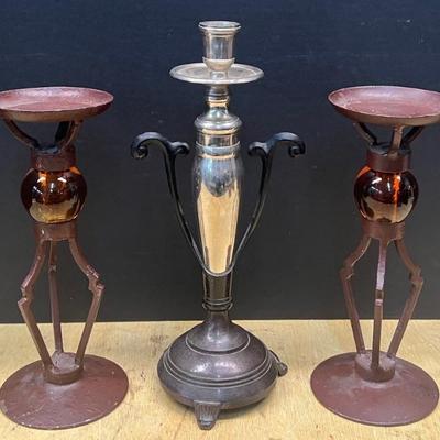 Pair Of Heavy Metal And Amber Glass Candle Holders With Vintage Silver And Bronze Tone Candle Holder