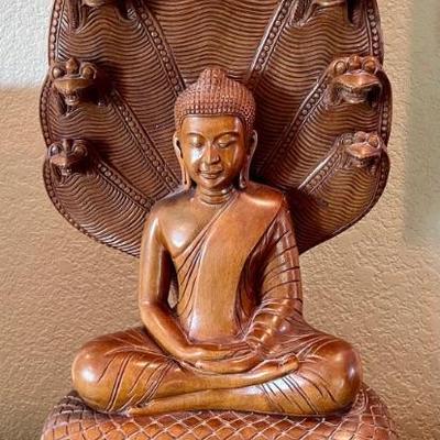 Gorgeous Large 23 Inch Buddha Sitting On Naga Hand Carved 