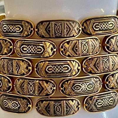 Vintage Black & Gold Damascene 8 Inch Panel Bracelet With Safety Chain