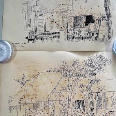 2 Original Joze Ciuha 1959 Double Sided Ink Sketches On Paper Out Of Frame
