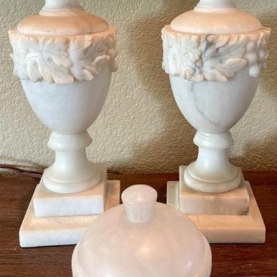 Pair Of Antique Alabaster Leaf Decor Lamps & Alabaster Bowl (as Is) 