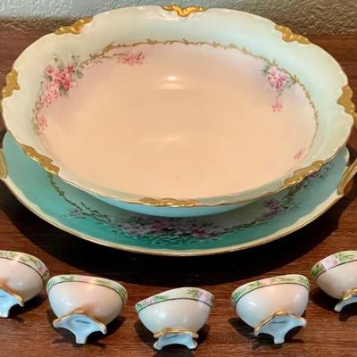 Hand Painted Cake Plate - Bowl - Salt & Pepper &  Germany Salt Cellars -T & V Limoges France, Peerless Bavaria