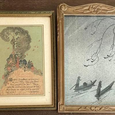 Vintage Asian Fisherman Material Framed Art & 1928 Lithograph Sweetheart Poem Framed By Lawrence Hawthorne 