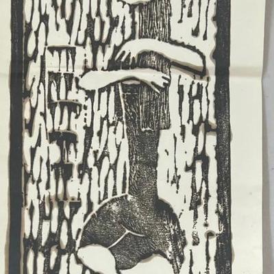 Vintage Linoleum Block Print On Paper