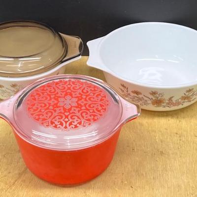 (3) Vintage Pyrex Pieces - Red Celtic Lidded, And (2) Autumn Casseroles