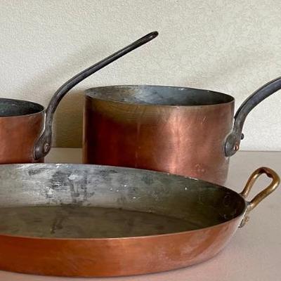 (2)  Antique French Heavy Copper Pans & (1) Copper Handled Oval Casserole 