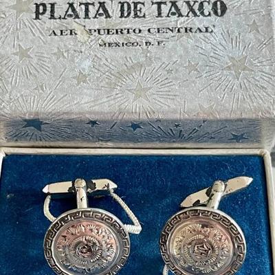 Vintage Plata De Taxco Etched Sterling Silver Cuff Links In Original Box - Total Weight 18.2 Grams