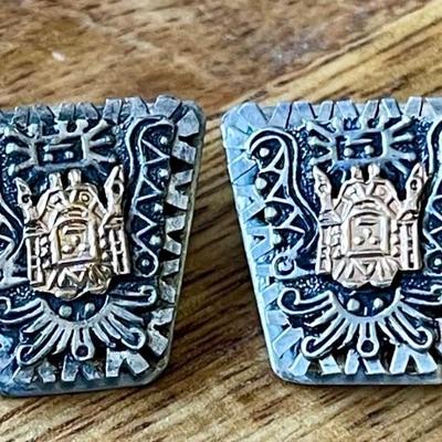 Vintage 18K Gold & Sterling Silver Aztek Warrior Clip On Earrings - Total Weight 10.5 Grams 