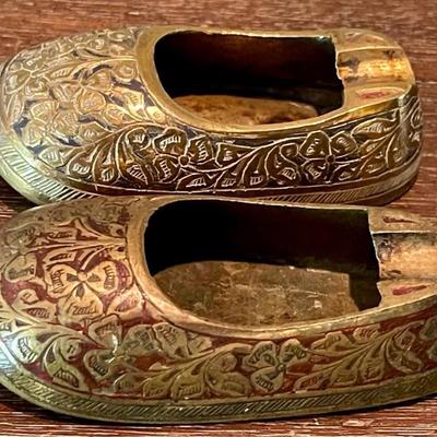 (2) Vintage Brass And Enamel Advertising Ashtray Shoes Jim Vineyard Insurance & Surety Bonds