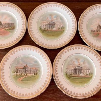 (5) Silesia Gold Rim Hand Painted 6.75 Inch Plates - White House - Capital -Congressional Library 
