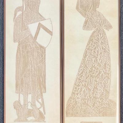 Pair Of Vintage English Brass Rubbings In Frames  - Sir John Daubernoum And Margerate Payton