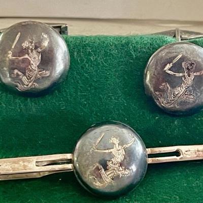 Vintage Sterling Silver Thai Nakon Siam Tie Clip And Cuff Links Black Enamel In Original Box - Weight 19.4 Grm