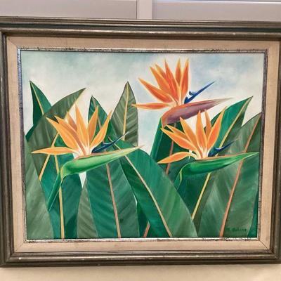 MMF008 Framed Original Painting Of Bird Of Paradise Flowers 