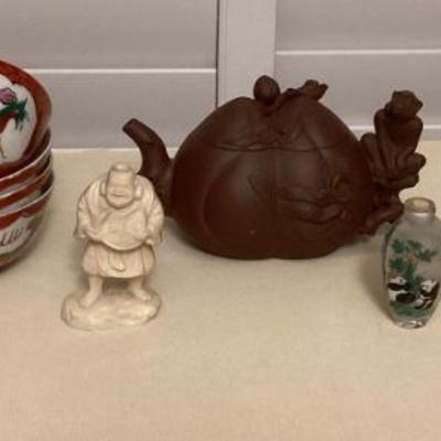 MMF086 Chinese Clay Teapots, Snuff Bottle, Japanese Netsuke Style Figurines & More!
