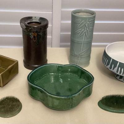 MMF063 Japanese Ceramic Ikebana Vessels, Vases & Metal Floral Frogs