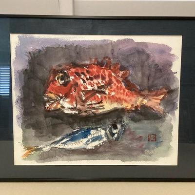 MMF094 Framed Original Watercolor Painting Of Fish