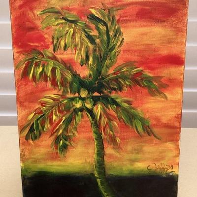 MMF079 Original Painting On Canvas Of A Coconut Tree At Sunset 