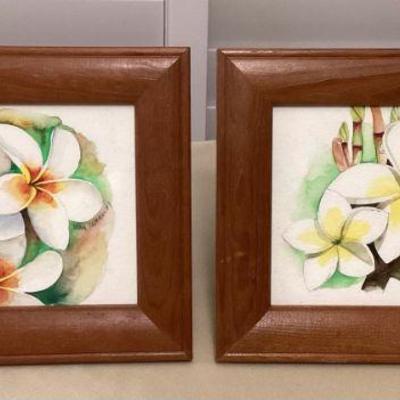 MMF083 Pair Of Framed Original Watercolor Paintings Of Plumeria Flowers 