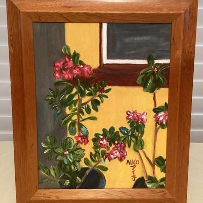 MMF058 Koa Framed Original Painting Of Desert Rose Flowers
