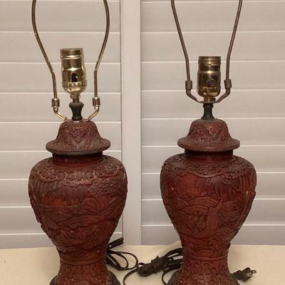 MMF049 Pair Of Chinese Carved Red Cinnabar? Table Lamps