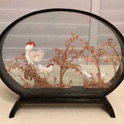 MMF036 Asian Black Lacquer Framed Diorama Of A Chicken Family 