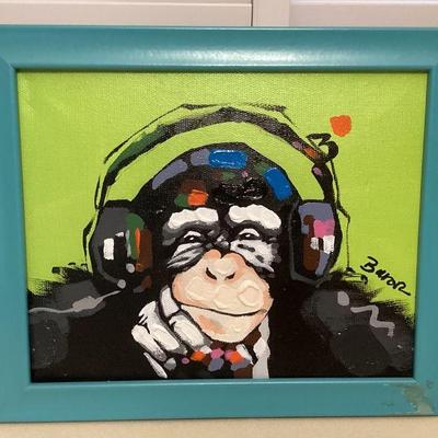 MMF015 Framed Original Painting Of A Monkey With Headphones 