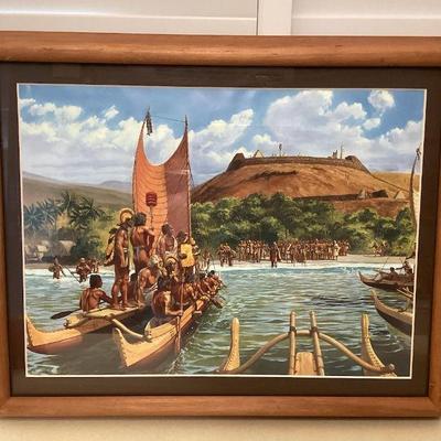 MMF126 Koa? Framed Picture Of Native Hawaiians Sailing In A Double Hulled Canoe