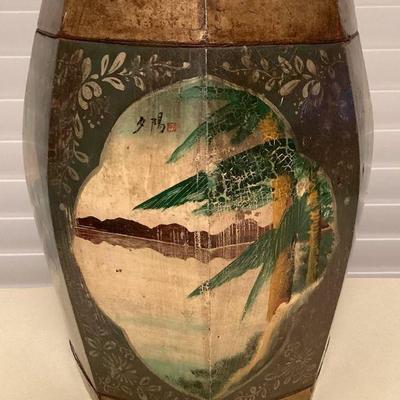 MMF029 Asian Hand Painted Wooden Barrel Like Vessel