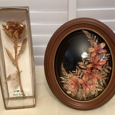MMF007 24K Gold Dipped Rose & Hawaiian Flowers And Leaves Wall Hanging