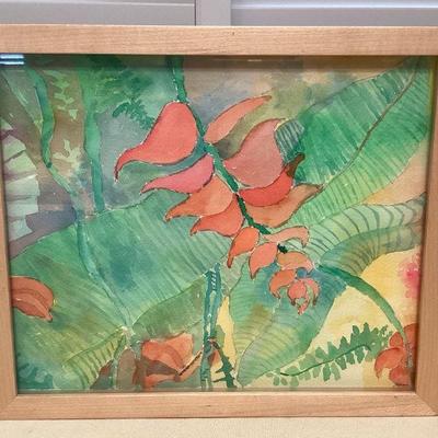 MMF059 Framed Original Watercolor Painting Of Heleconia Flowers Signed