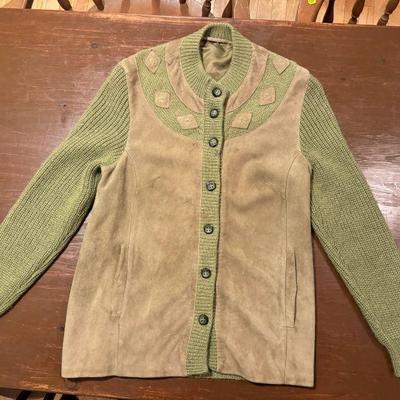 green wool knitted suede front Cardigan Made In Spain
