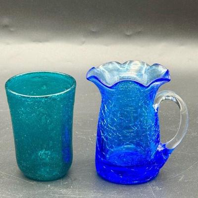 Crackle Glass Pitcher & Hand Blown Glass Cup
