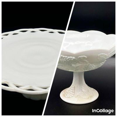 Vintage Milk Glass Lace Edge Cake Stand & Footed Dish
