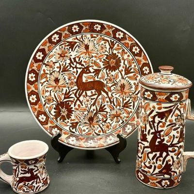Handmade In Rhodes Greece Icaros Pottery Plate, Cup, & Pitcher
