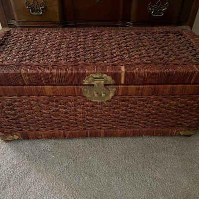 Mid Century Asian Chinoiserie Wicker Wood Storage Trunk Chest
