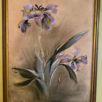 Signed Delicate Pastel Of Irises
