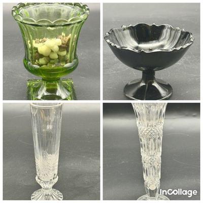 (4) Vintage Containers Feat. Indiana Glass & Crystal Bud Vases
Vintage Indiana Pressed Green Glass Pedestal Vase Square Base...