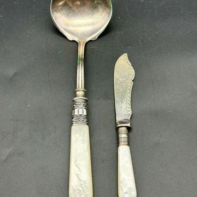 Mother Of Pearl Handled Spoon & Fruit Knife
Fruit knife is stamped "Sheffield England" and spoon has the makers mark of...