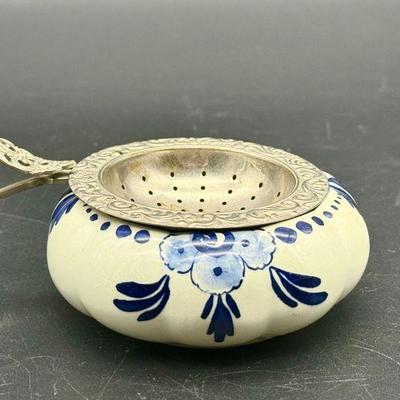 Delft Painted Trinket Dish W Tea Strainer
