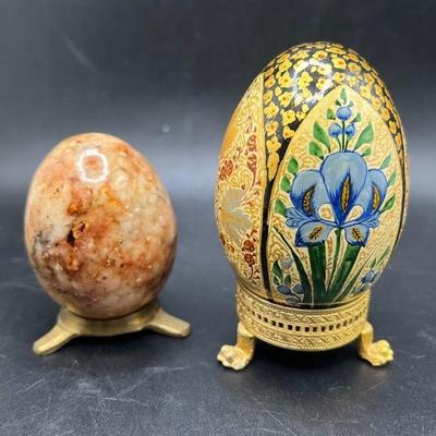 (2) Decorative Eggs in Marble & Hand Painted Wood
