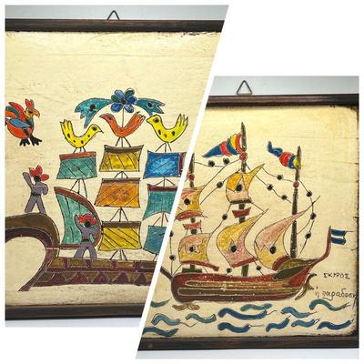 (2) Hand Painted Sailing Ships Framed in Wood

