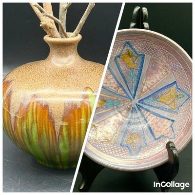 Stunning Signed Ceramic Vase & Floral Dish
