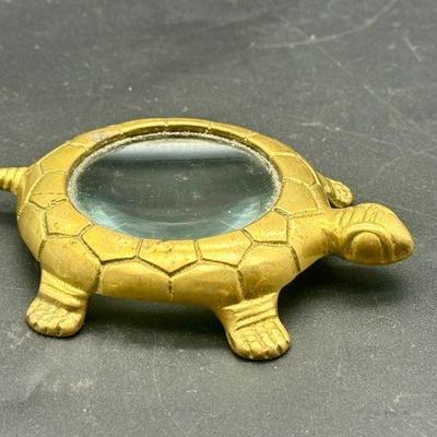 Vintage Solid Brass Turtle Magnifying Glass Desk Top Paperweight
