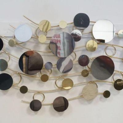 1173	VINTAGE MID CENTURY MODERN METAL WALL SCULPTURE WITH POLISHED MIRROR AND METAL DISKS, APPROXIMATELY 49 IN X 25 IN
