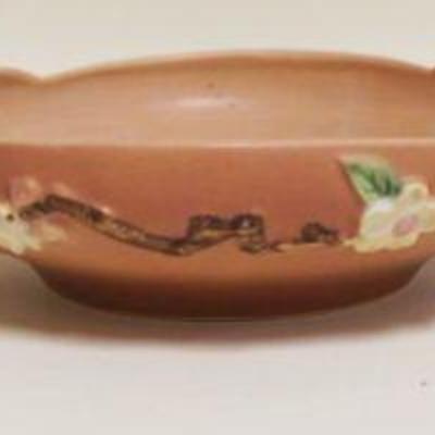 1042	ROSEVILLE ART POTTERY *APPLE BLOSSOM* CONSOLE BOWL & 2 CANDLESTICKS, BOWL APPROXIMATELY 11 IN X 2 1/2 IN
