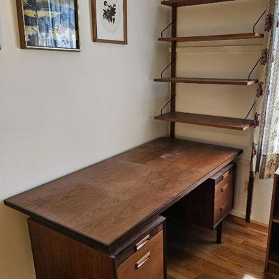 1179	R.S. ASSOCIATES MID CENTURY MODERN DESK WITH FLOATING TOP WITH HANGING WALL 4 SHELF UNIT, DESK WITH 2 PULL OUT SURFACES AND 3...