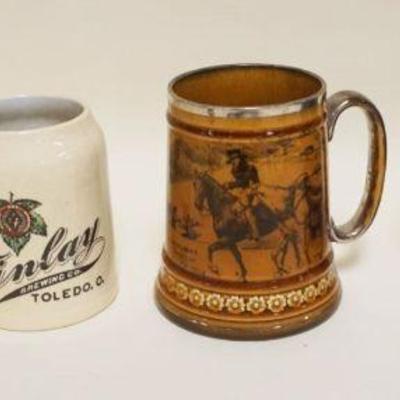 1039	GROUP OF 4 ANTIQUE BEER MUGS INCLUDING RIDGWAYS, GIBSONS STAFFORDSHIRE & FINLAY BREWING, TALLEST APPROXIMATELY 5 IN
