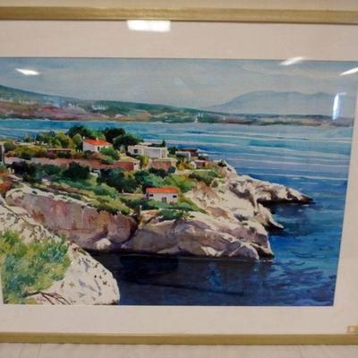 1147	CAROL GILDER FRAMED WATERCOLOR, COASTAL SCENE, APPROXIMATELY 29 IN X 37 IN OVERALL
