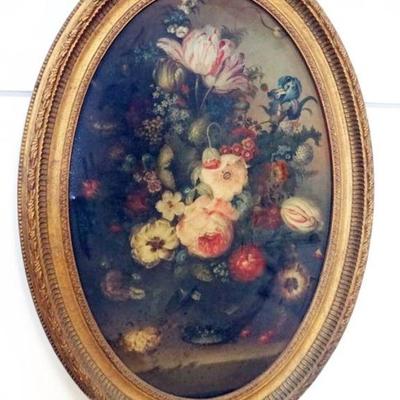 1144	LARGE CONTEMPORARY OVAL PAINTING ON CANVAS, STILL LIFE, ARTIST SIGNED LOWER LEFT F LAVOE, APPROXIMATELY 31 IN X 43 IN OVERALL
