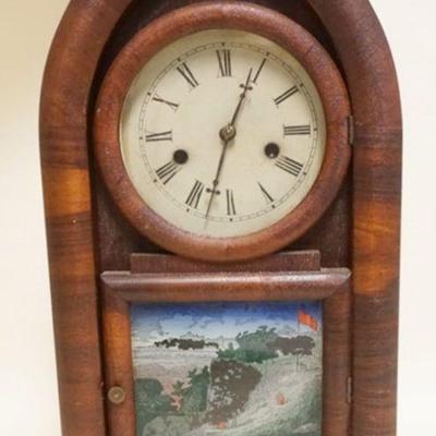 1120	ANTIQUE NEW HAVEN BEELTIVE CLOCK, CRACKED TABLET, VENEER LOSS, APPROXIMATELY 10 1/4 IN X 4 IN X 19 IN HIGH
